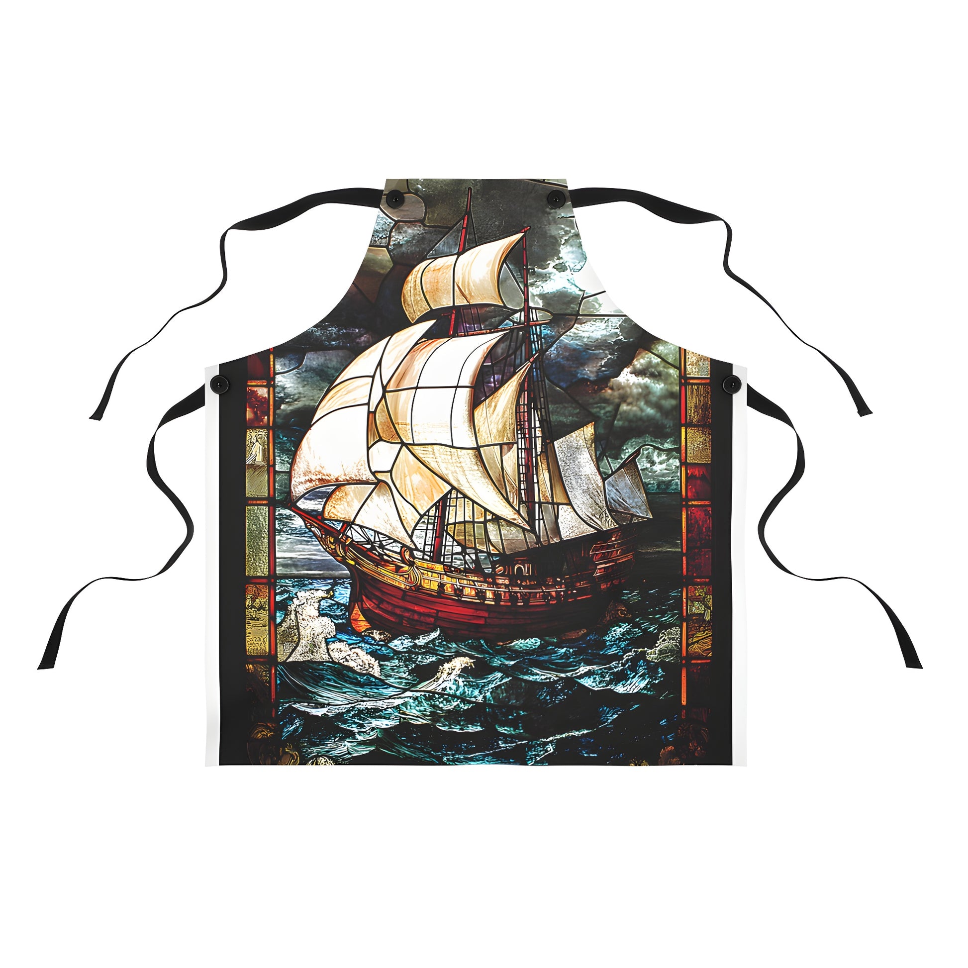 Colorful stained glass art apron design featuring sailing vessels navigating through turbulent seas under a dramatic stormy sky