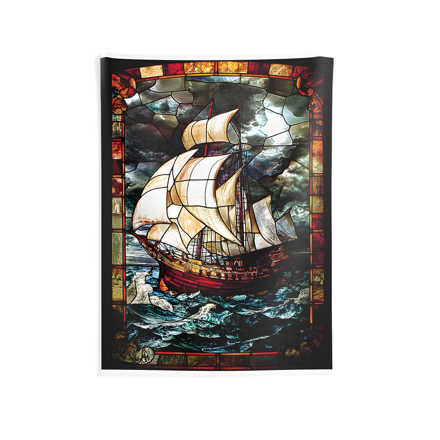 Colorful stained glass sailing vessel wall tapestry