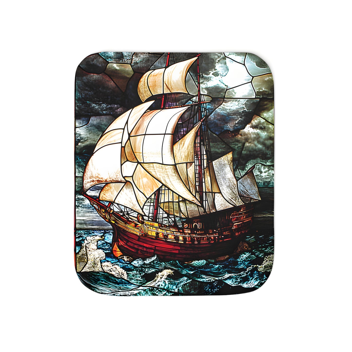 Cozy blanket featuring vibrant stained glass art of a sailboat or schooner navigating through turbulent waves under an ominous stormy sky