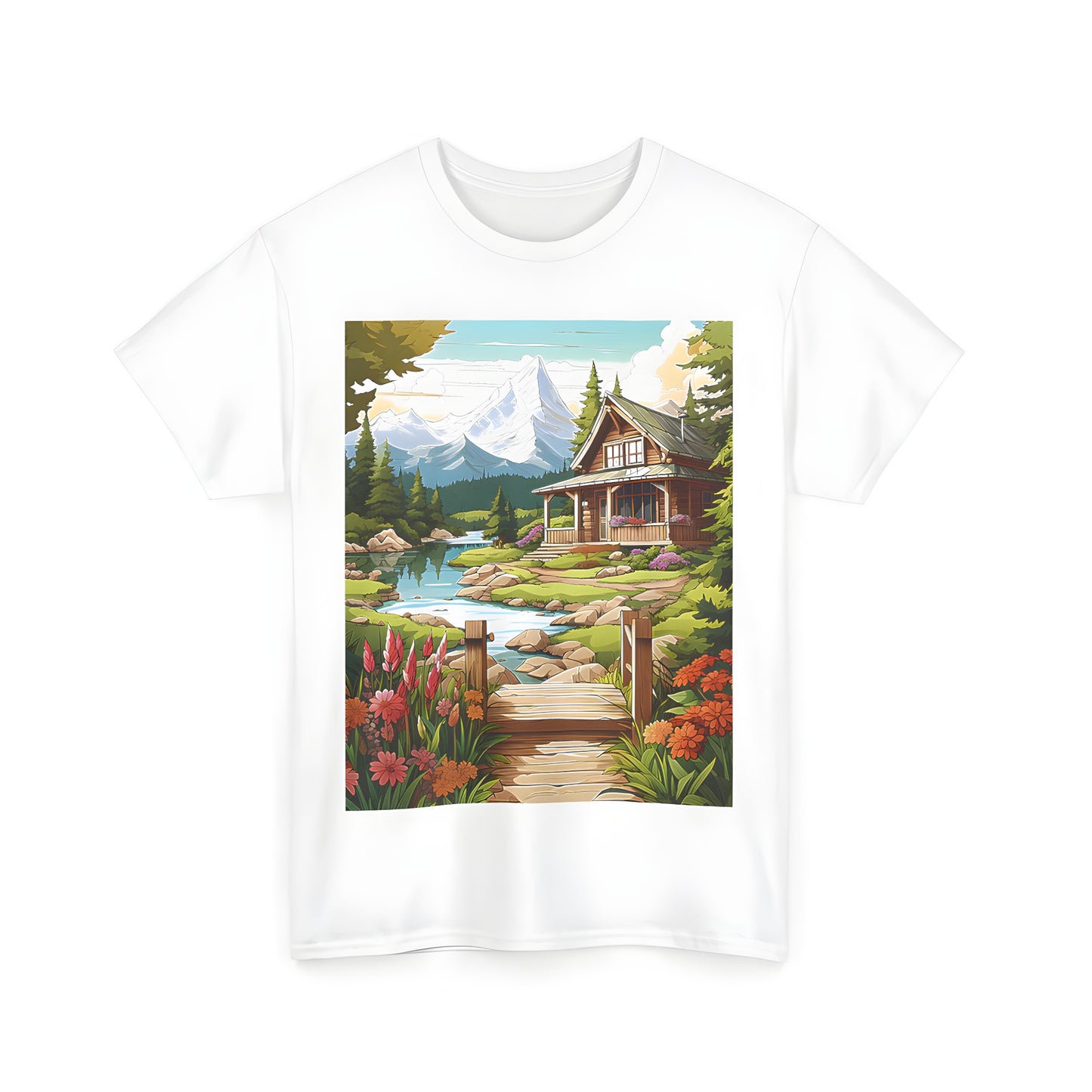 Cozy cabin scene print on unisex graphic t-shirt. A colorful illustration of a picturesque mountain home by a river, surrounded by flowers, trees, and snow-capped mountains.