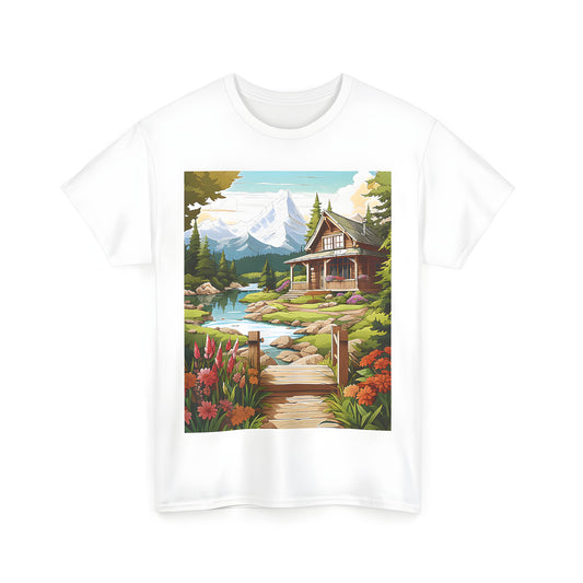 Cozy cabin scene print on unisex graphic t-shirt. A colorful illustration of a picturesque mountain home by a river, surrounded by flowers, trees, and snow-capped mountains.