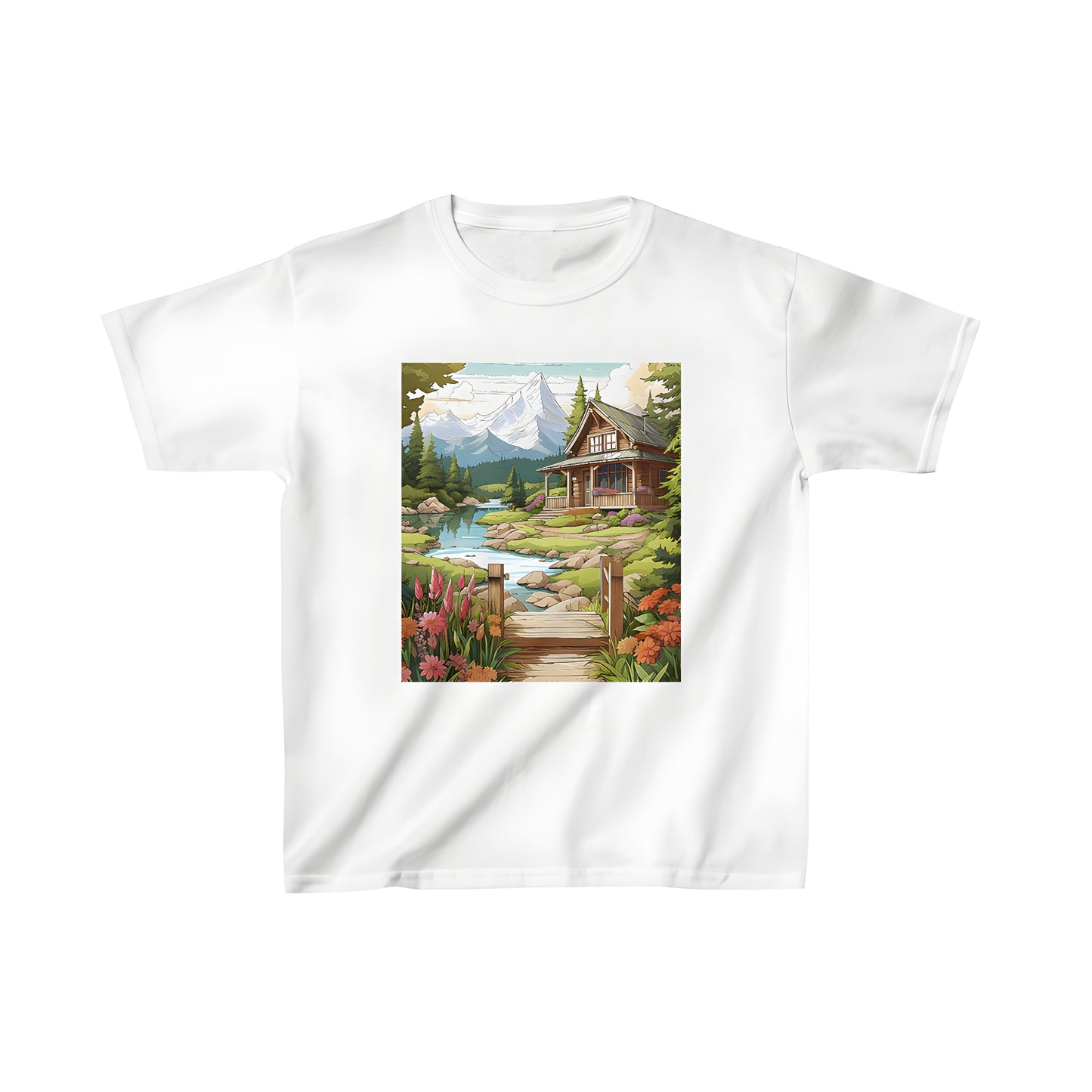 Colorful graphic kid's t-shirt featuring a scenic mountain retreat cottage scene near a river, surrounded by wildflowers, lush greenery, and snow-capped peaks in the distance.