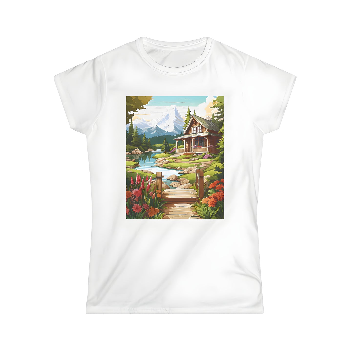 Women's graphic t-shirt featuring a scenic mountain lodge design with floral accents and snow-capped peaks