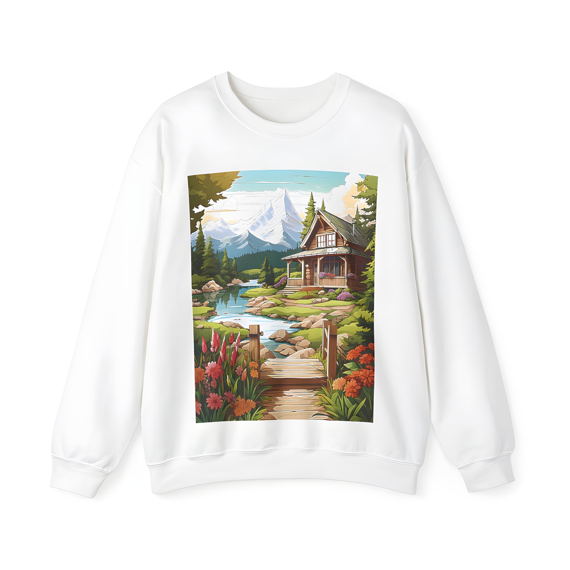 Colorful Adult Sweatshirt with scenic mountain cabin design, featuring flowers, trees, and snow-capped mountains