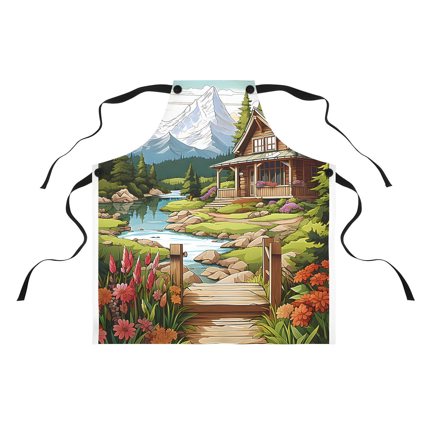 Colorful Apron with scenic mountain cabin design, surrounded by nature's beauty