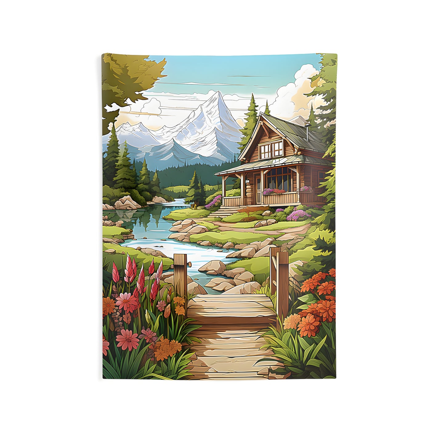 Indoor wall tapestry featuring a picturesque mountain cabin scene by a serene river, surrounded by vibrant flowers and lush trees, with snow-capped mountains in the background. Perfect for adding a cozy touch to your home.