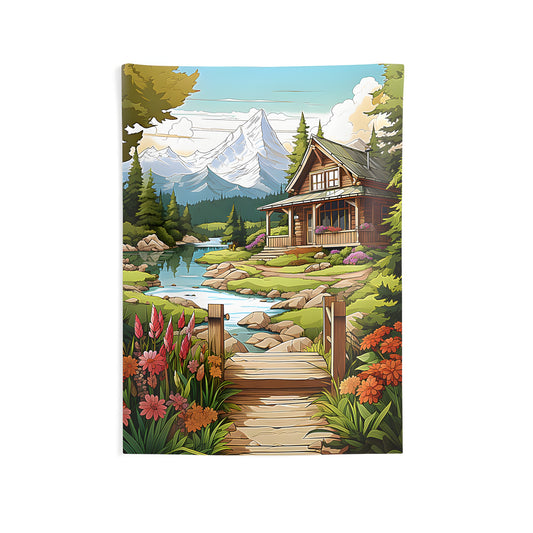 Indoor wall tapestry featuring a picturesque mountain cabin scene by a serene river, surrounded by vibrant flowers and lush trees, with snow-capped mountains in the background. Perfect for adding a cozy touch to your home.