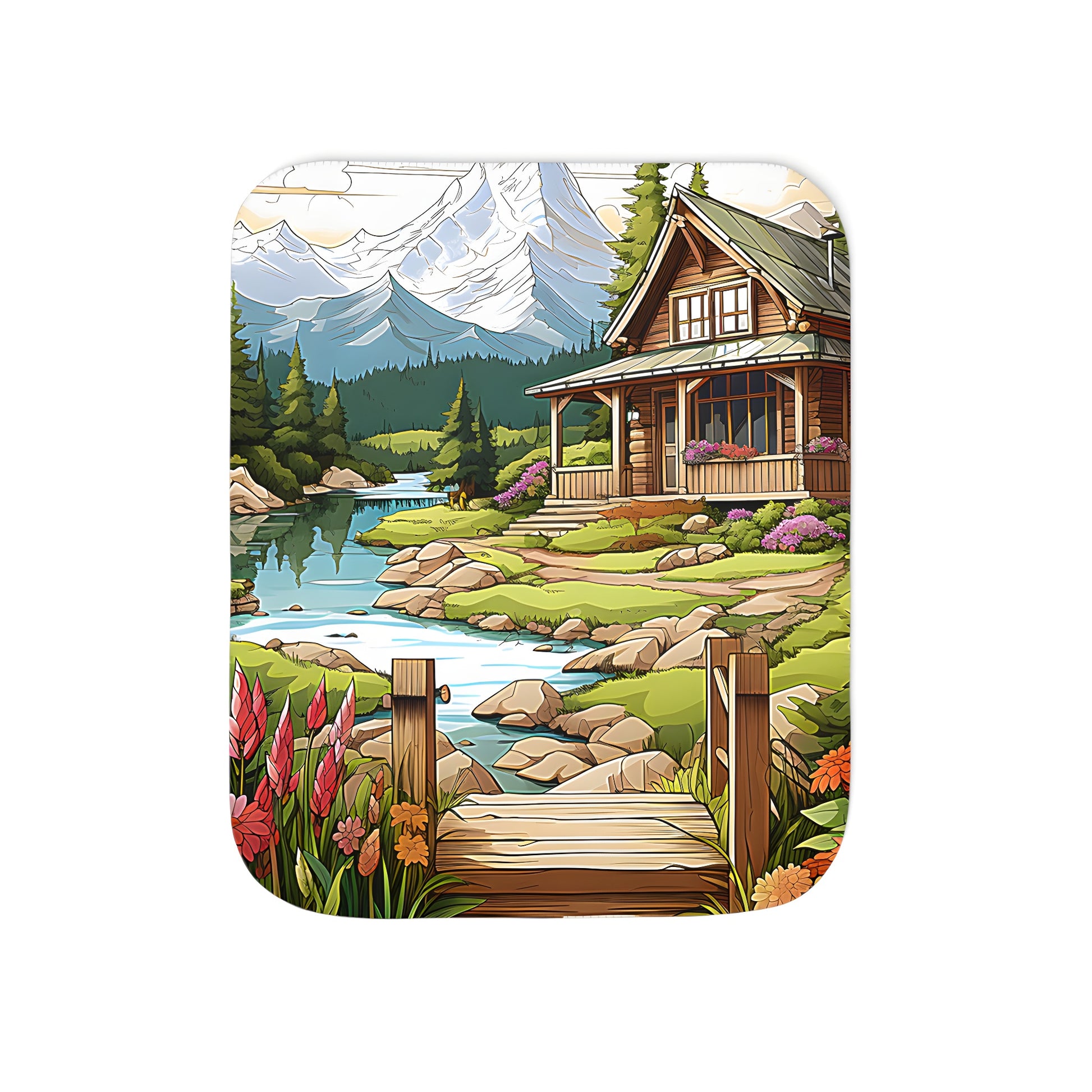 Cozy blanket featuring a vibrant mountain cabin design by a serene river, surrounded by lush greenery and snow-capped peaks