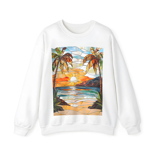 Adult sweatshirt with vibrant stained glass art of beach scene featuring palm trees, ocean waves, and sandy shore.