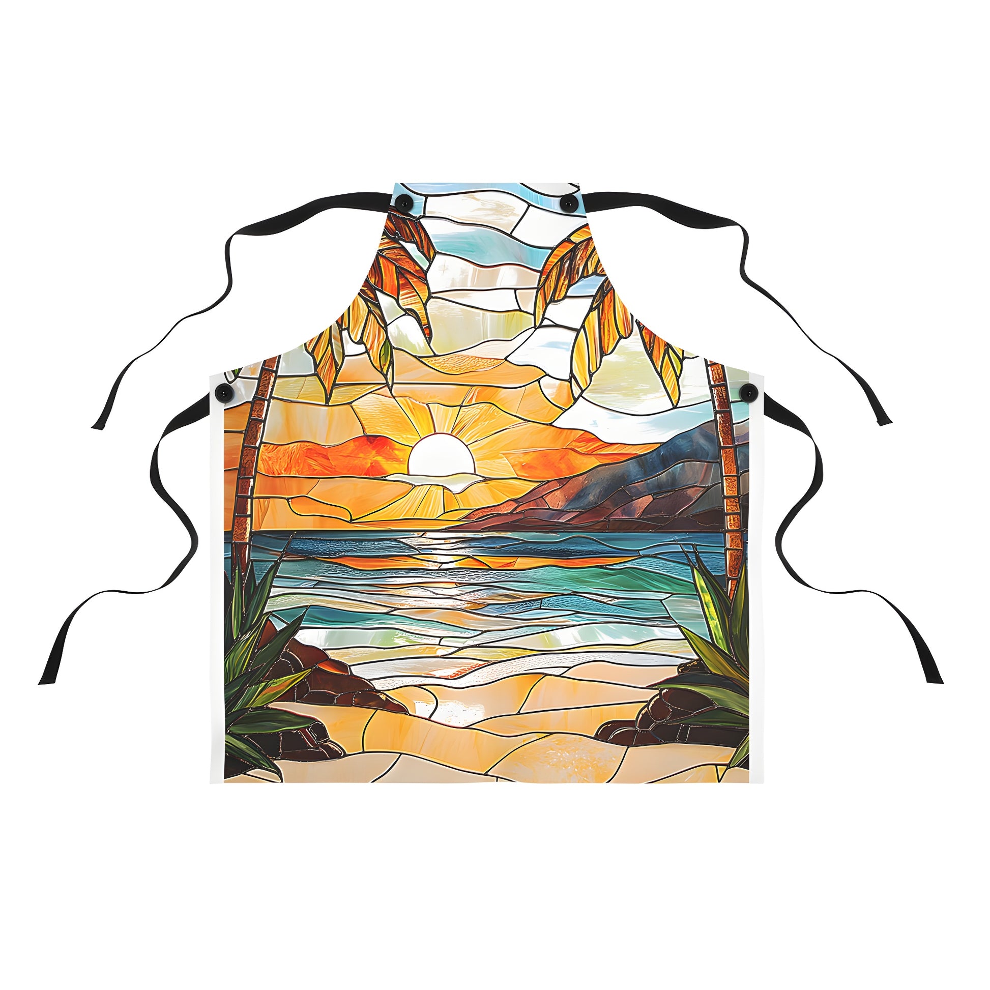 Colorful beach scene apron with Stained glass art of palm trees, ocean waves, and sandy shore. Vibrant and fun