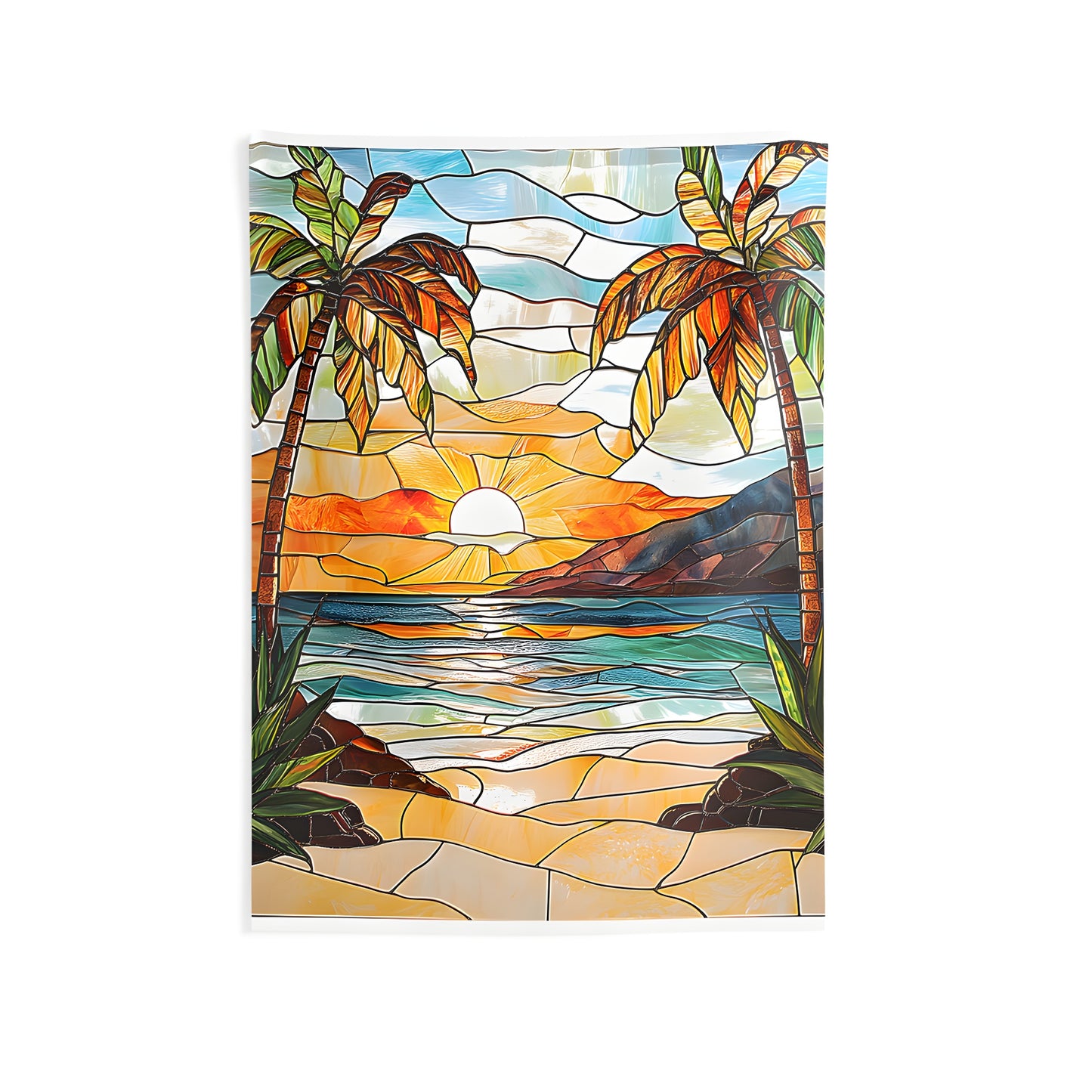 Colorful indoor wall tapestry featuring stained glass art of palm trees, ocean waves, and sandy shore. Vibrant beach themed decor for any room.