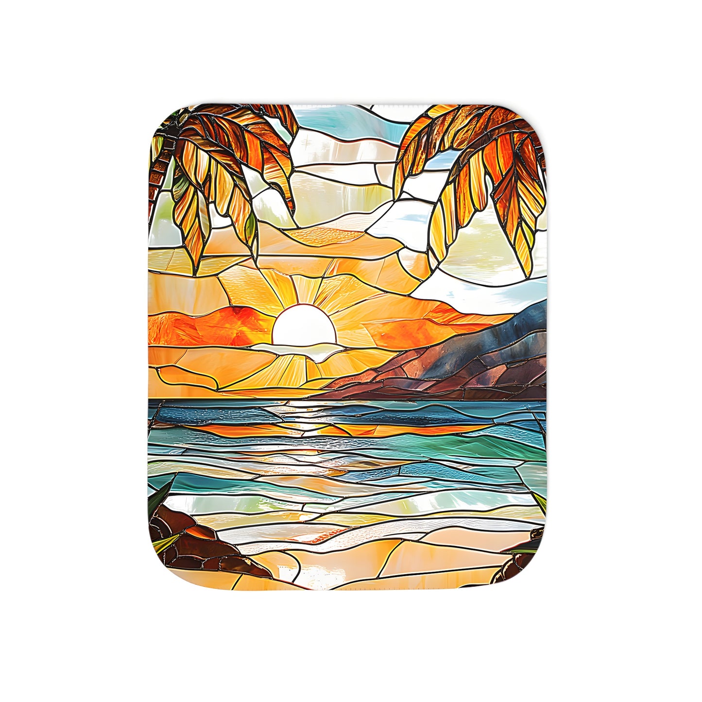 Stunning stained glass art beach sunset blanket with palm trees