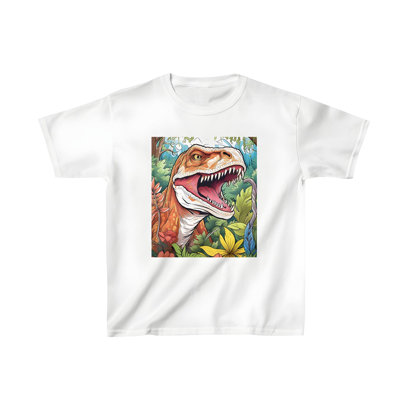 Kid's colorful t-shirt featuring an illustration of a fierce T-Rex roaring amidst lush jungle foliage and vibrant flowers