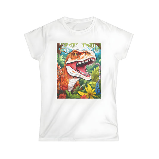 Colorful women's t-shirt with an illustration of a mighty dino, a fierce Apatosaur alternative, or a strong T-Rex design, set amidst lush greenery and vibrant flowers.