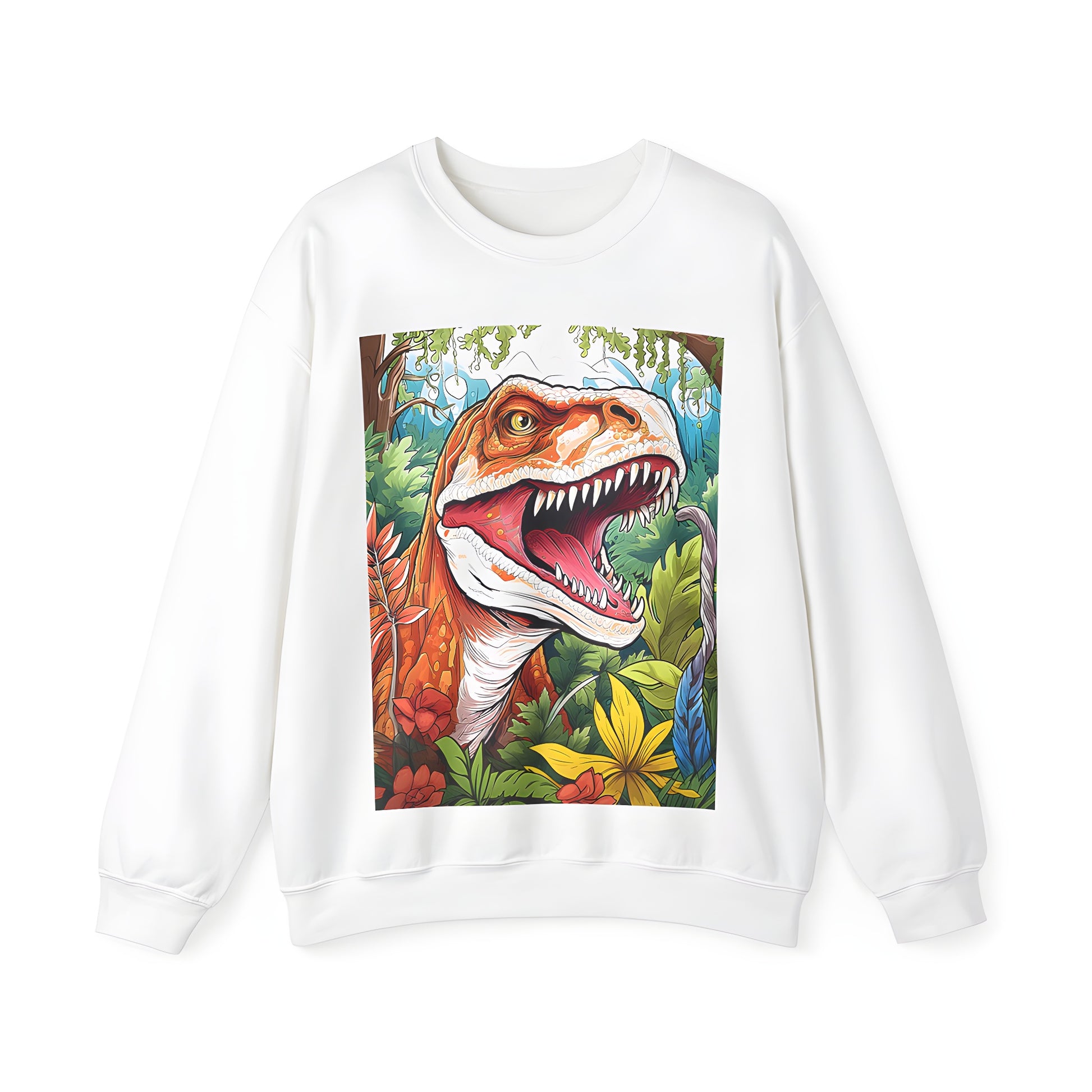 Adult sweatshirt with fierce T-Rex, Triceratops, or Dinosaur illustration design amidst lush jungle foliage and vibrant flowers