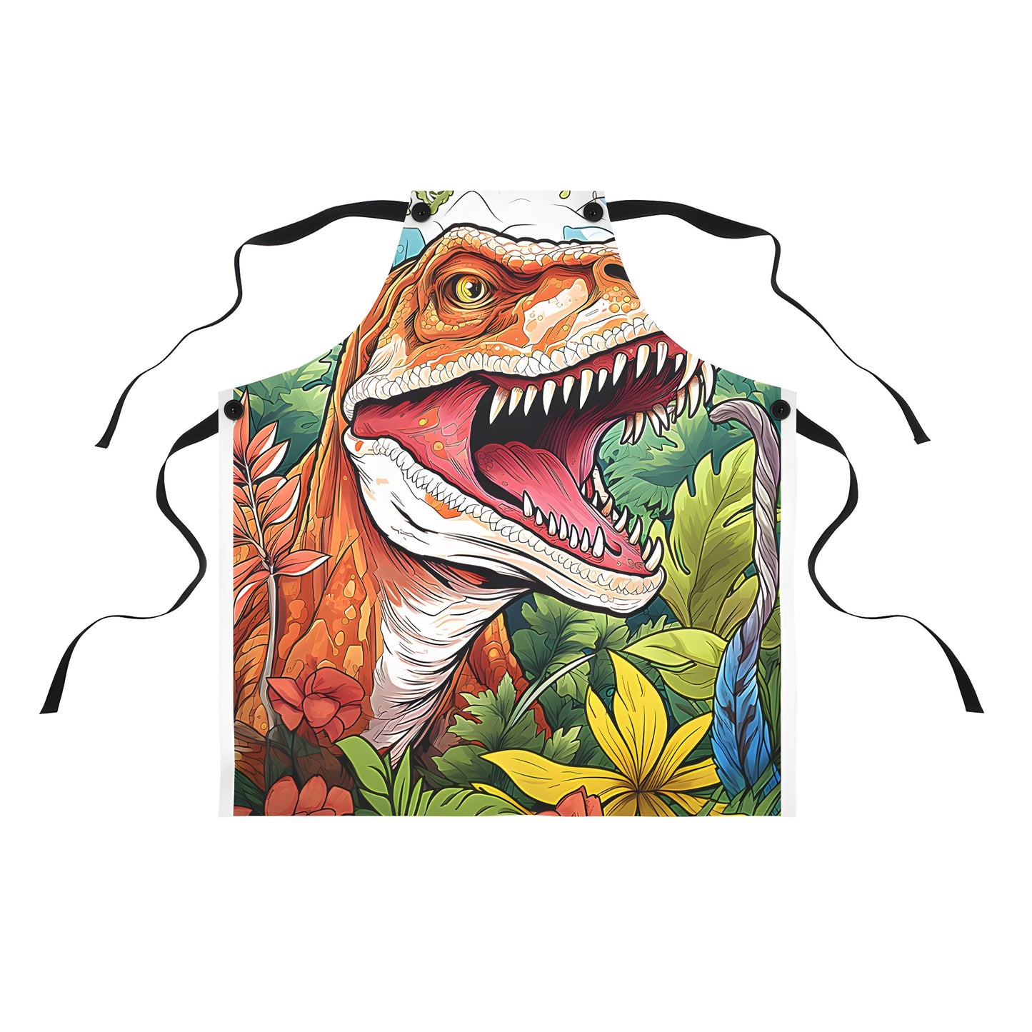 Colorful apron featuring an illustration of a fierce T-Rex roaring amidst lush jungle foliage and vibrant flowers