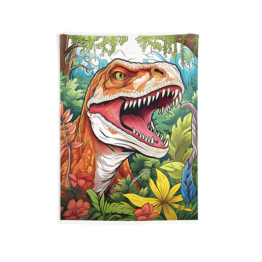 Colorful Indoor Wall Tapestry featuring a fierce Dinosaur illustration amidst lush foliage and vibrant flowers, perfect for any bedroom or living room decor