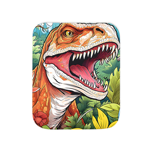 Colorful blanket featuring an illustration of a fierce T-Rex roaring amidst lush jungle foliage and vibrant flowers