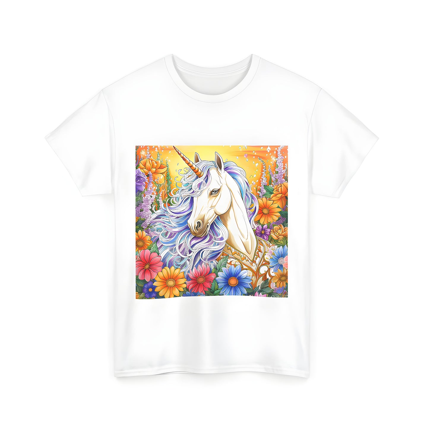 Colorful Unisex T-shirt with a whimsical Enchanted Horse and Flowers design