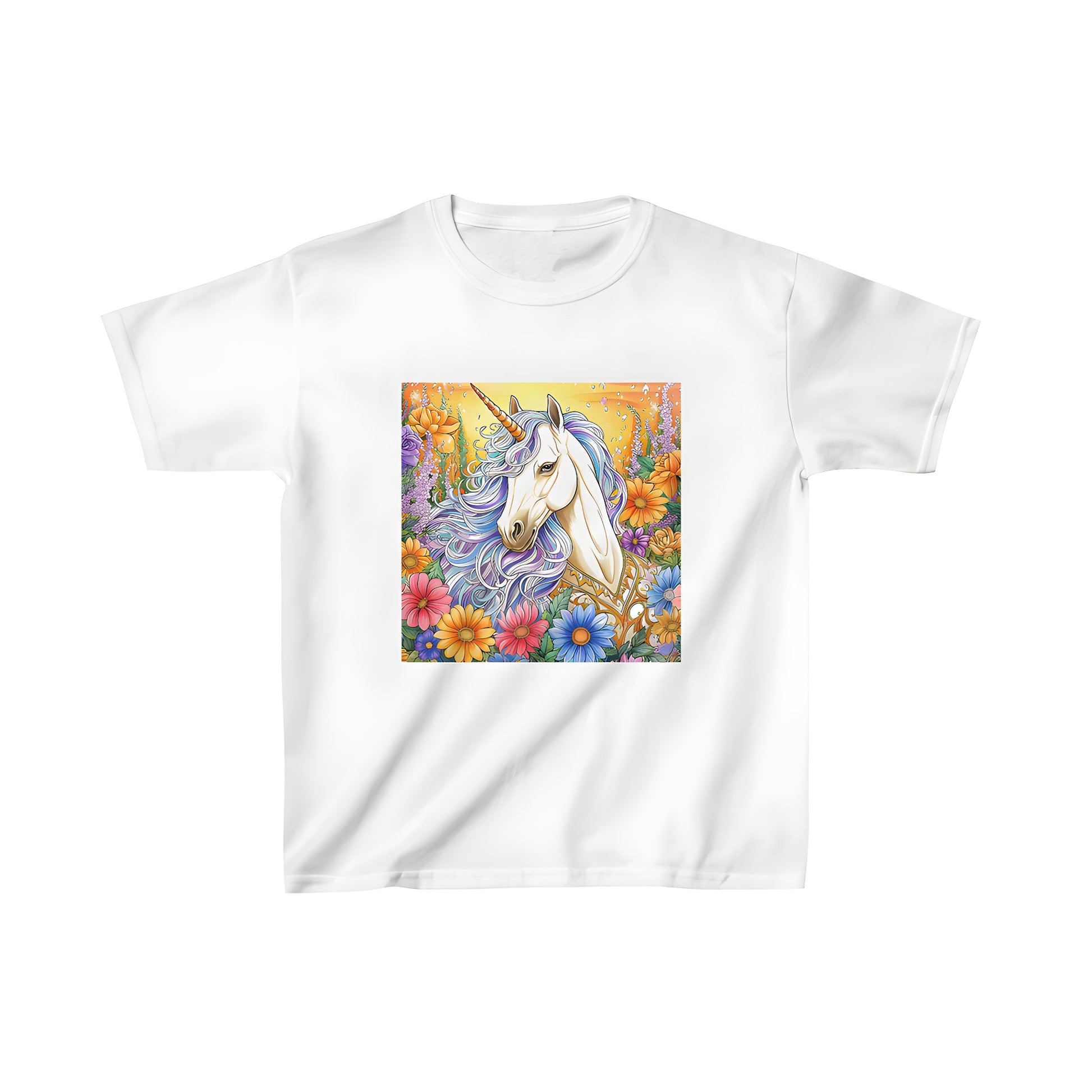 Colorful kid's t-shirt with whimsical design of mythical horse and vibrant flowers under sunny sky