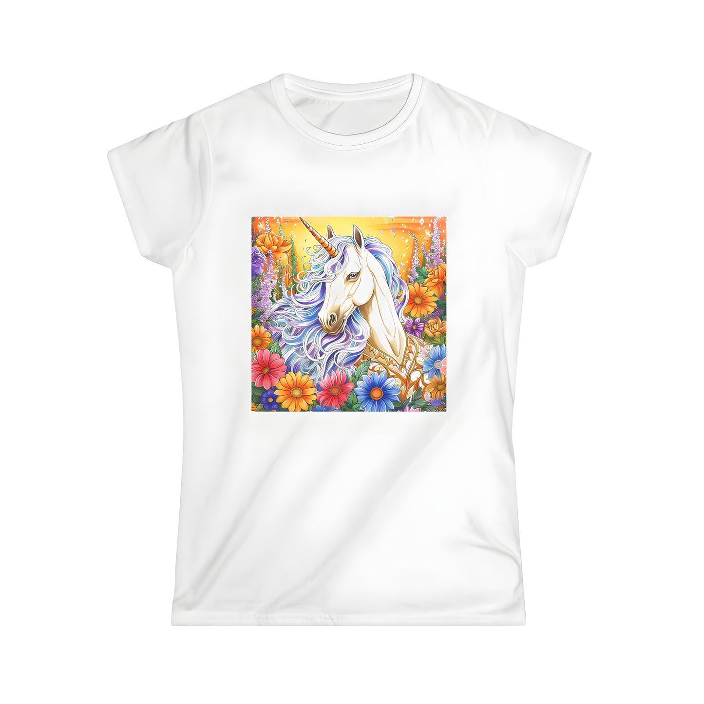 Women's t-shirt featuring an enchanting unicorn illustration in a lush flower garden under a warm golden sky.