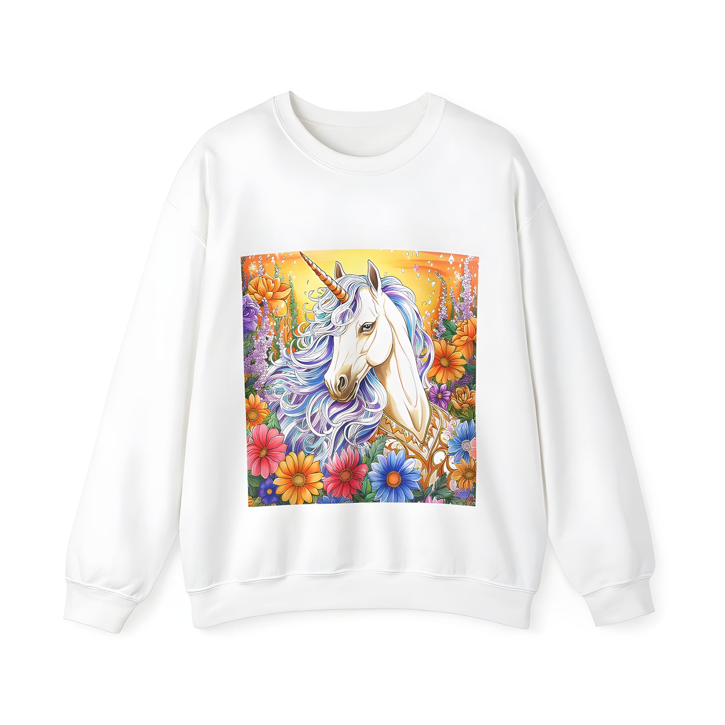 Colorful Adult Sweatshirt featuring an whimsical unicorn illustration in a vibrant flower garden scene