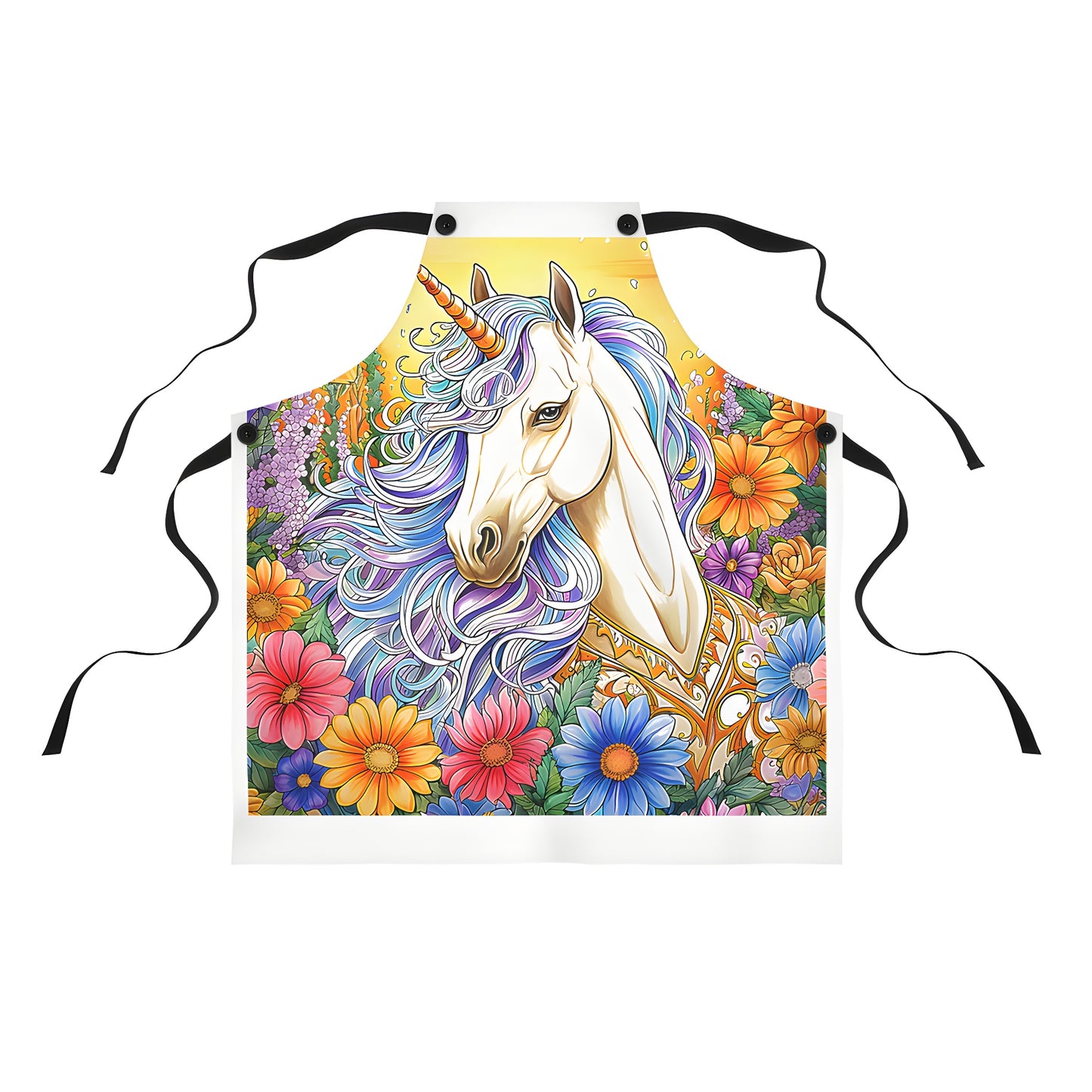 Colorful apron design featuring whimsical illustrations of a mythical unicorn in a vibrant flower garden under a sunny golden sky.