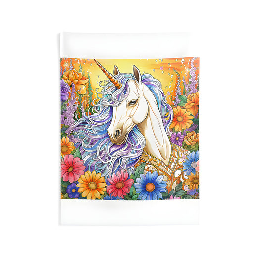 Indoor wall tapestry featuring a whimsical unicorn in a colorful garden