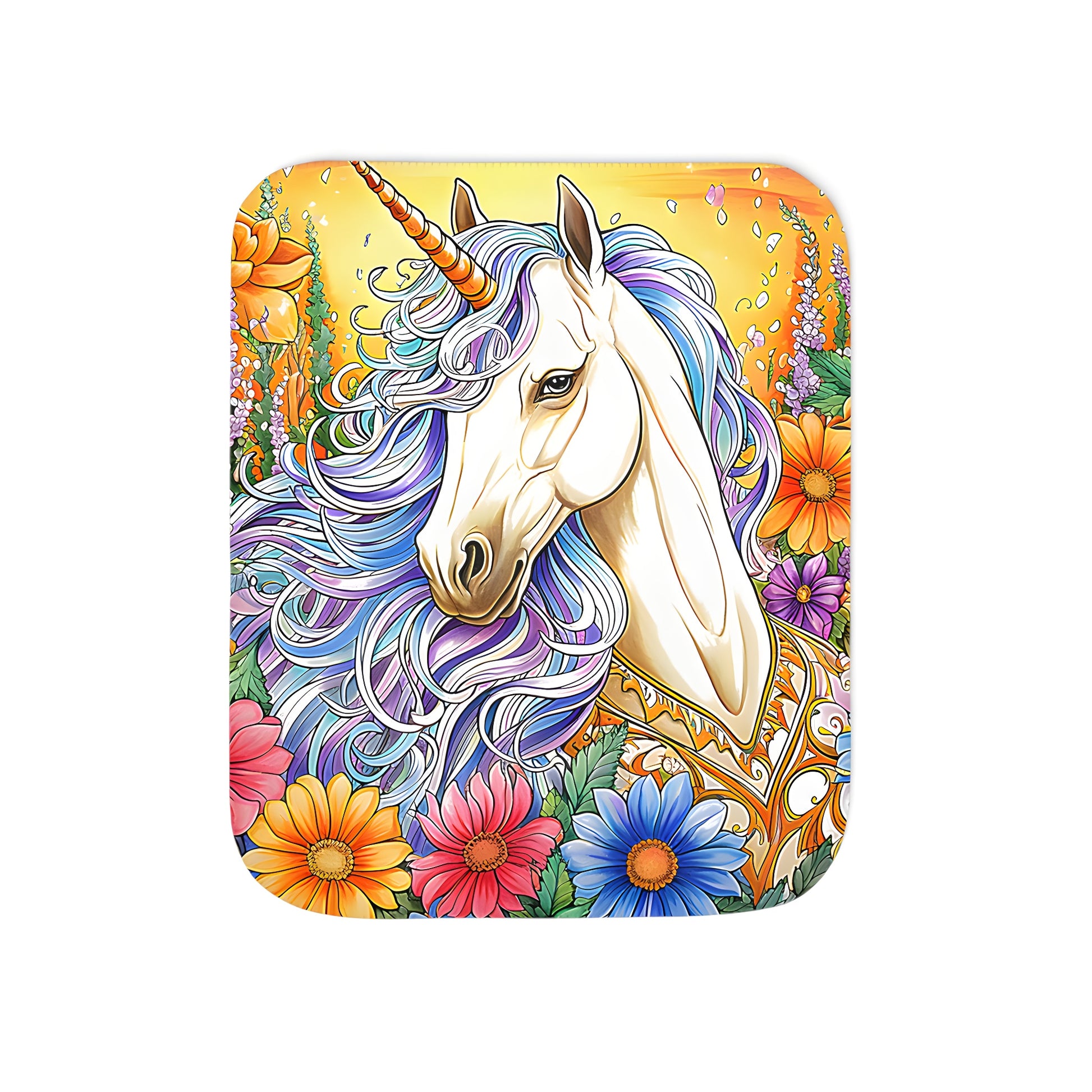 Colorful blanket featuring a whimsical unicorn in a lush flower garden under a warm golden sky.