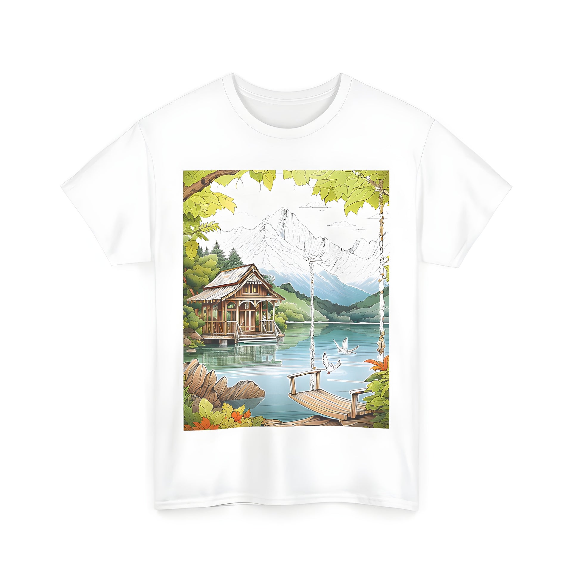 Colorful lakeshore cabin print on unisex tee