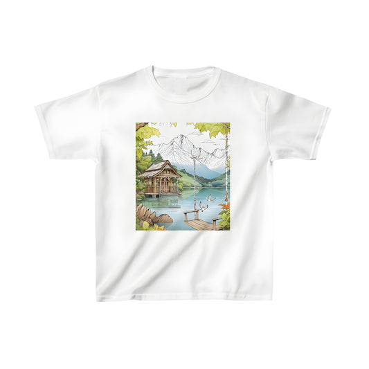 Colorful lakeside cabin themed kid's t-shirt, serene mountain getaway tee