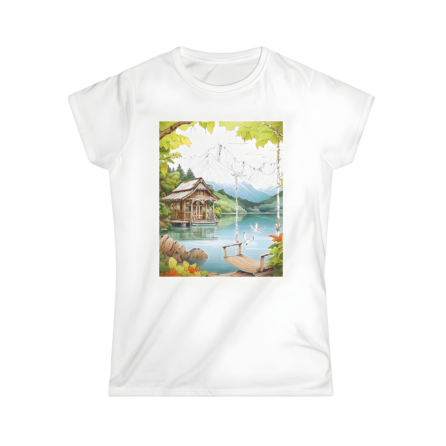 Women's T-shirt featuring serene lakeside cabin and majestic mountain landscape print