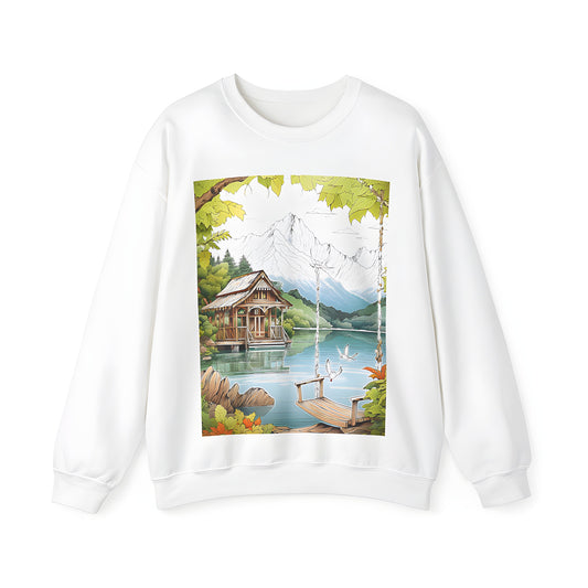 Adult sweatshirt featuring serene lakeside cabin design, perfect for nature lovers and fans of cozy outdoor retreats