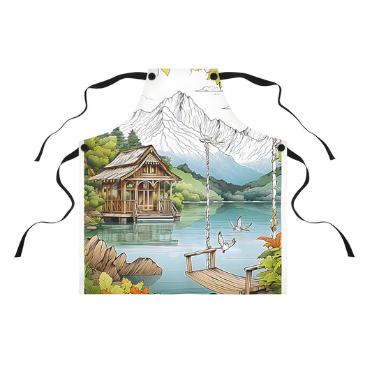 Colorful lakeshore apron featuring a serene cabin scene with majestic mountains and a rope swing