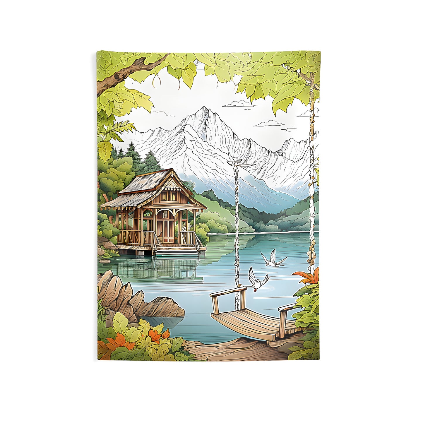 Colorful Indoor Wall Tapestry featuring a serene lakeside retreat cabin nestled among trees, with majestic mountains in the background, a dock, and a rope swing over the water. Perfect wall art for a peaceful lakeshore or mountain lodge home decor.