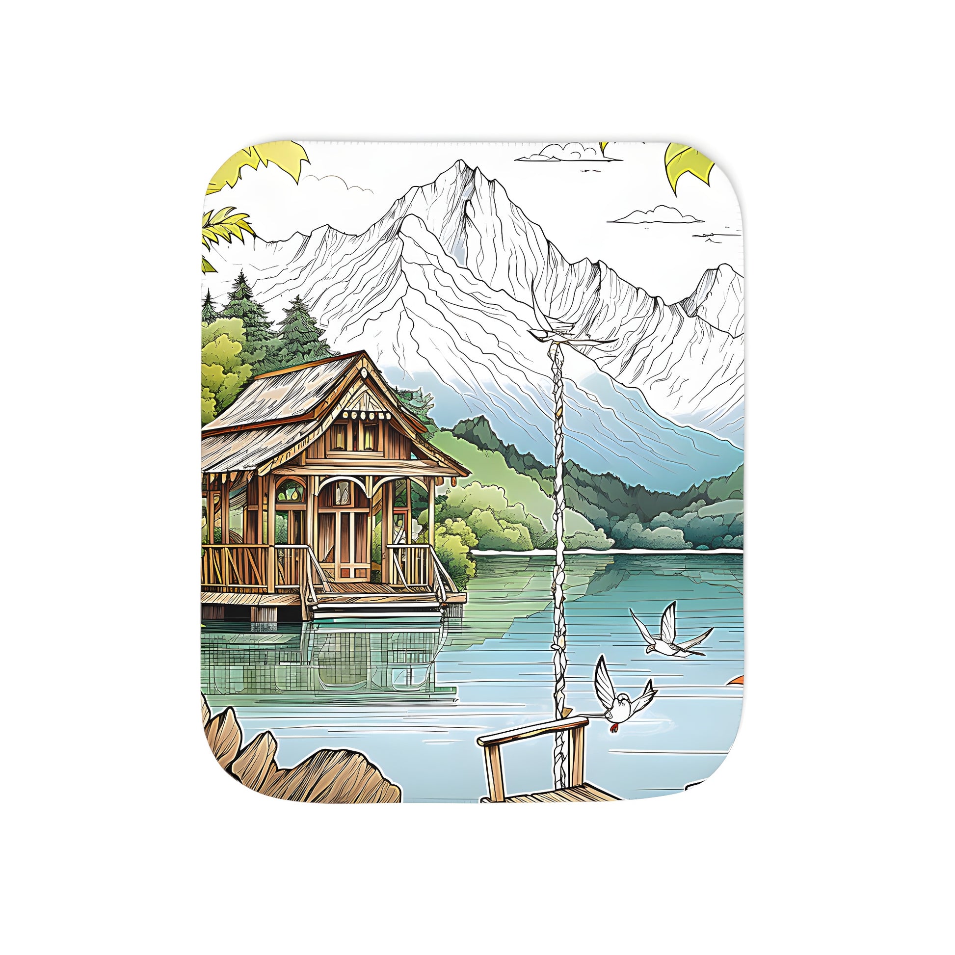 Cozy cabin blanket with serene lakeside cabin design