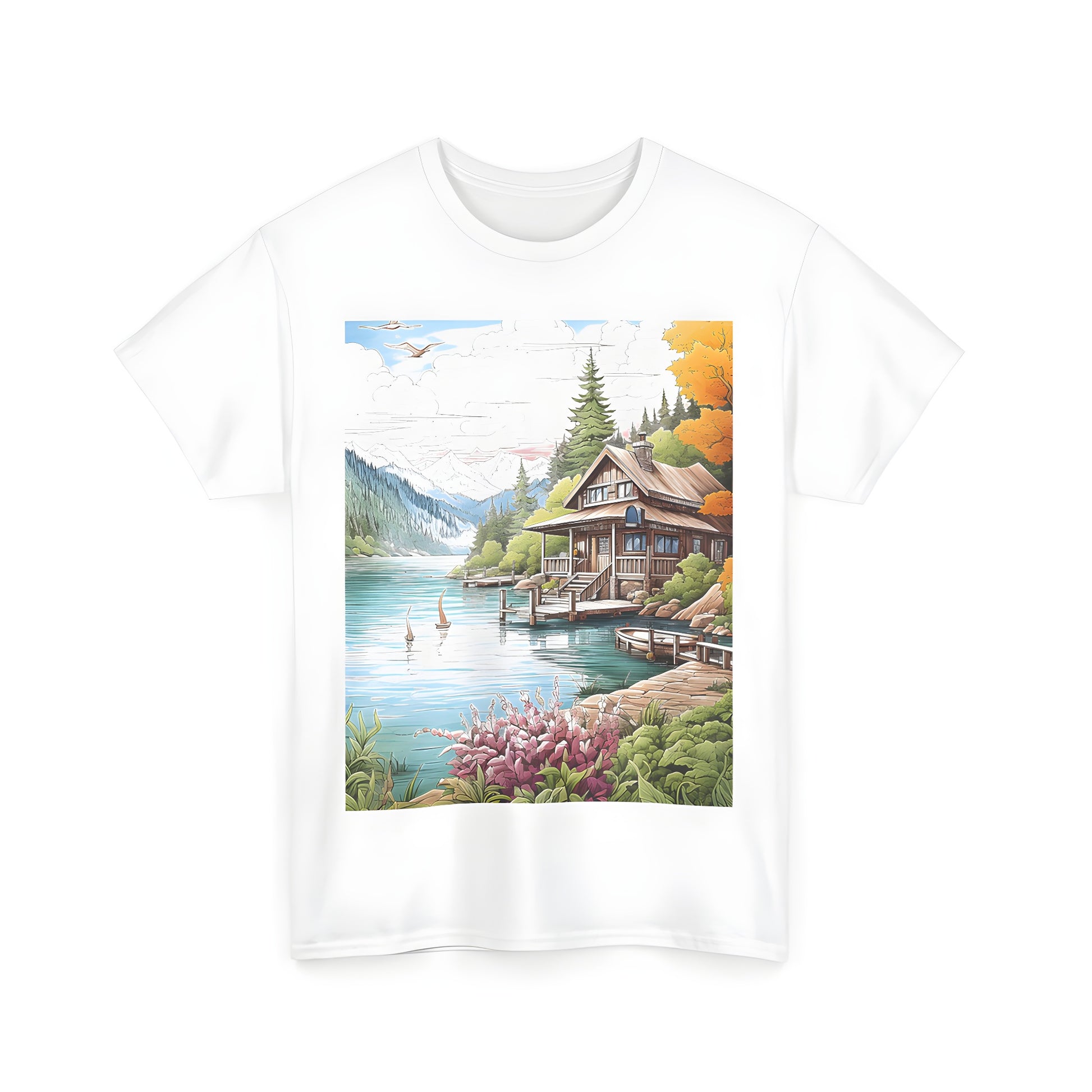 Colorful lake house tee featuring a serene cabin scene with mountains and birds