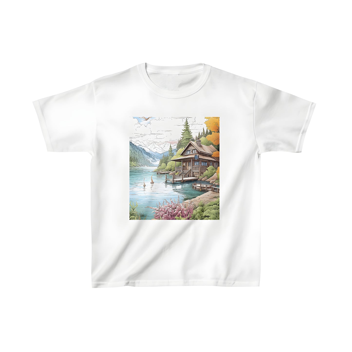 A vibrant kid's t-shirt featuring an enchanting illustration of a lakeside retreat cabin nestled among trees, surrounded by majestic mountains and joyful birds