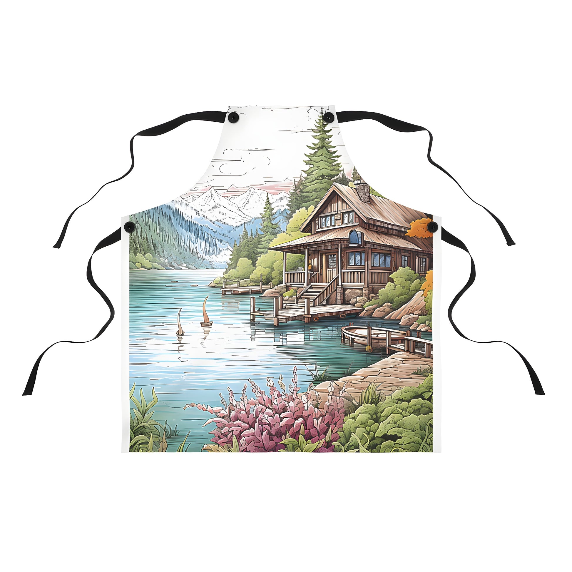 Colorful apron featuring an illustration of a serene cabin scene with mountains, trees, and birds