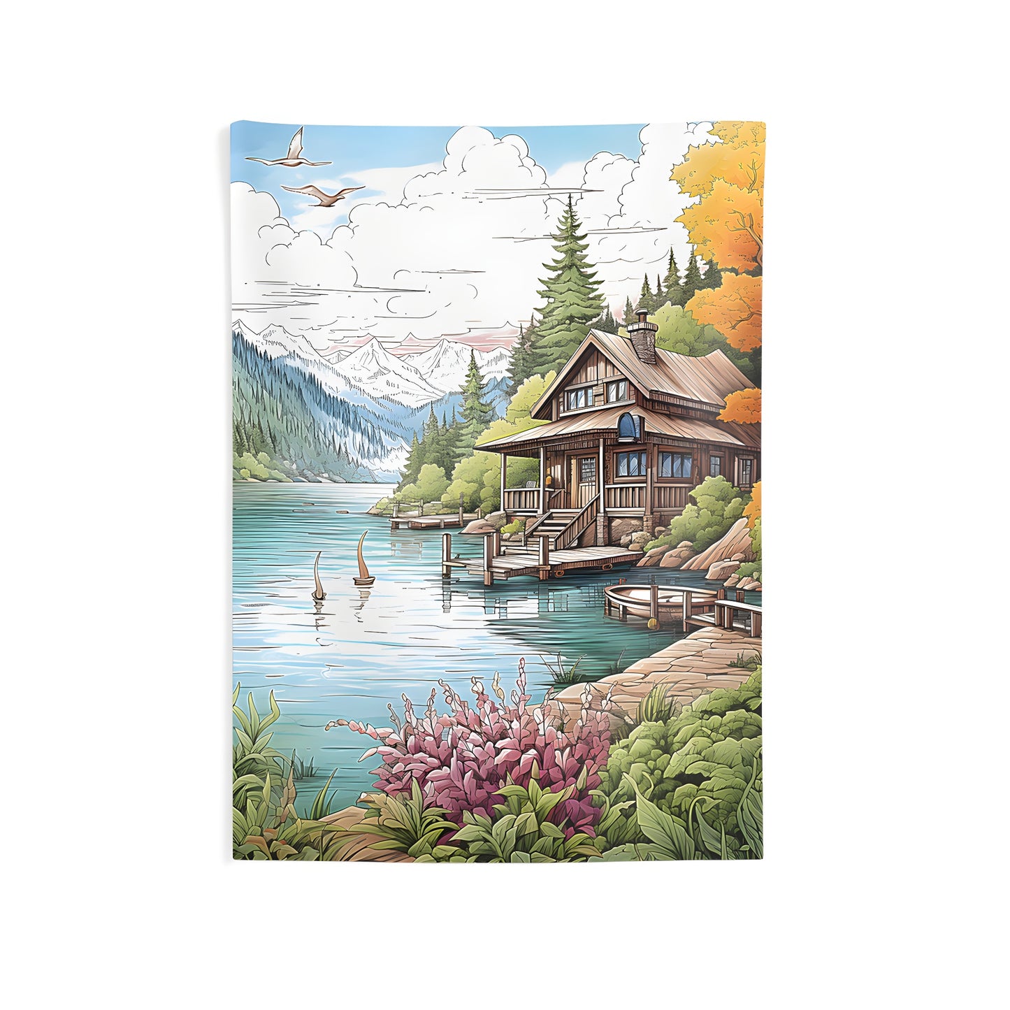 Indoor wall tapestries featuring a scenic lakeside cabin print, mountain landscape, and bird illustration. Perfect for home decor, adding a touch of nature's beauty to any room.