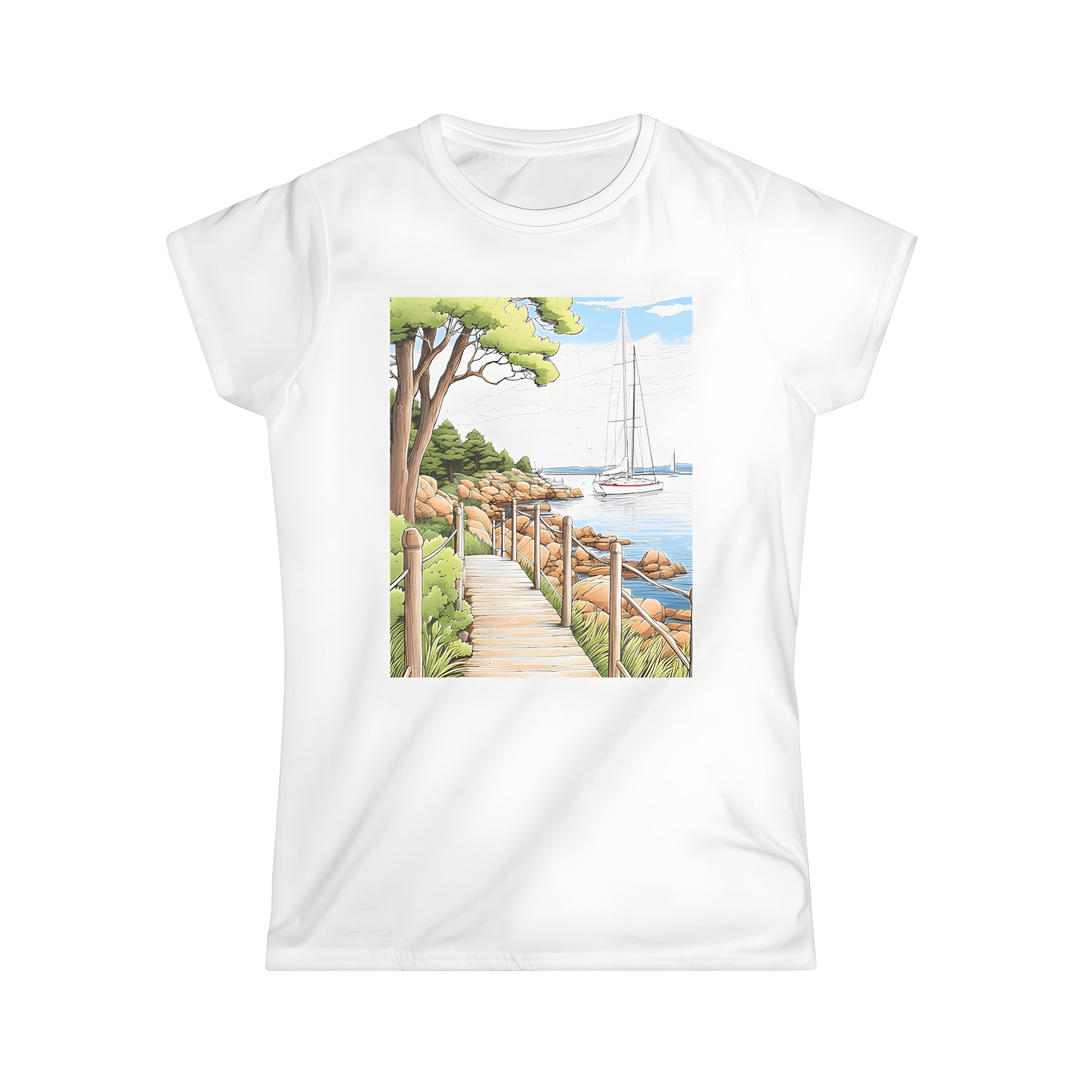 Women's T-Shirt featuring a vibrant coastal landscape design with wooden pathway, lush greenery, rugged shoreline, serene ocean waters, and sailboats