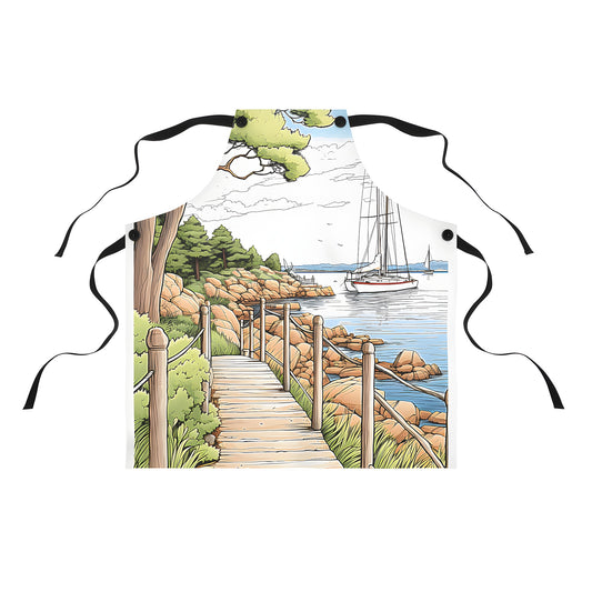 Colorful coastal landscape apron with sailboats, wooden path, greenery and calm ocean waters.