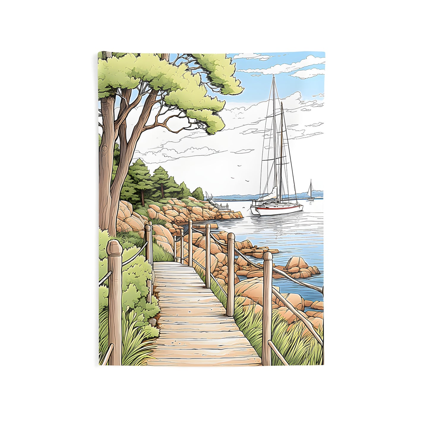 Colorful indoor wall tapestry of a serene coastal scene with wooden path, lush greenery, rocky shore, calm ocean waters and sailboats