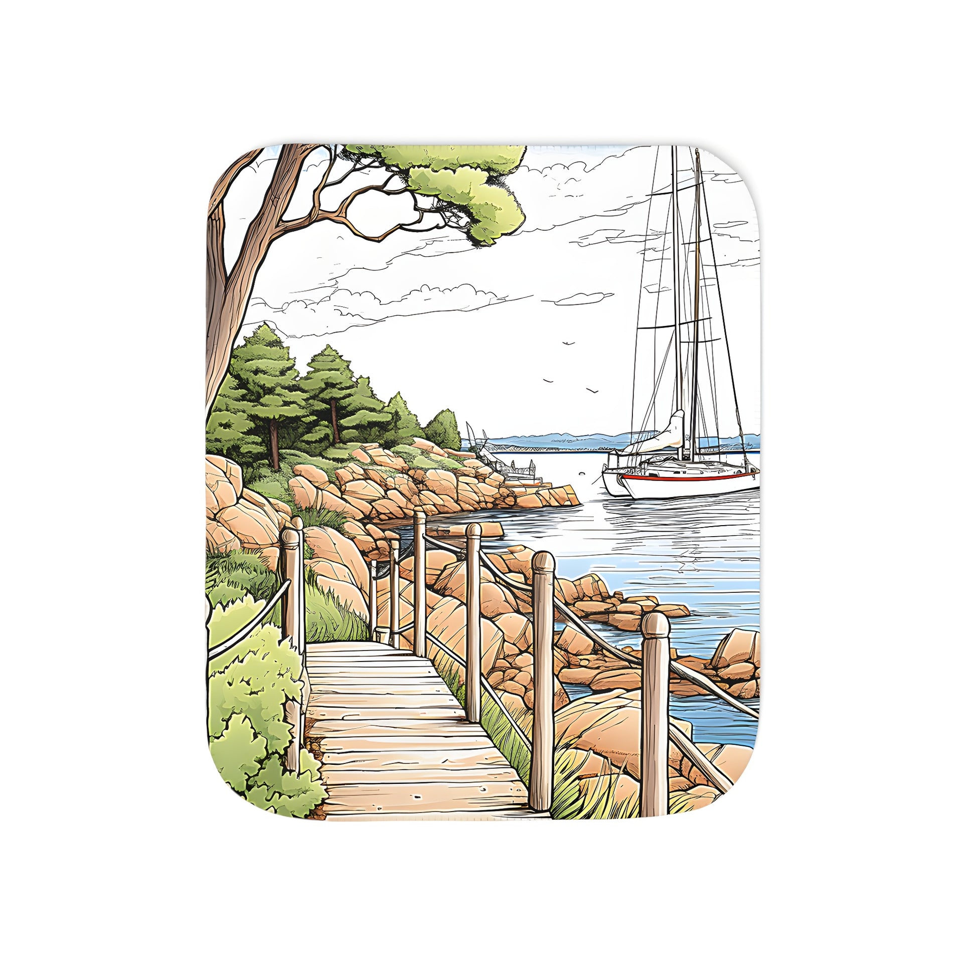 Coastal landscape blanket with wooden path, greenery, rocky shore, ocean waters, and sailboats