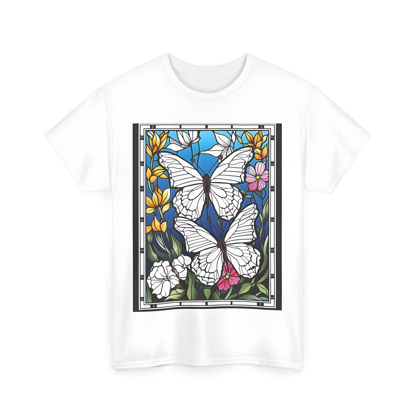 A vibrant stained glass style Unisex T-shirt featuring beautiful Moths, delicate Insects and colorful flowers