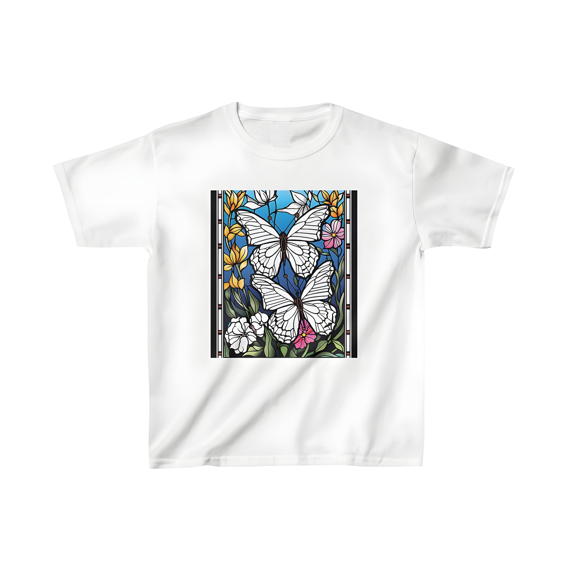 Colorful kid's t-shirt featuring a vibrant stained glass design with two large butterflies or moths and various colorful flowers printed on high-quality fabric.