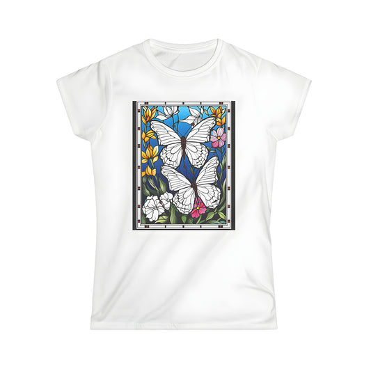 Women's T-shirt with vibrant stained glass design featuring colorful flowers and two beautiful moth-like creatures