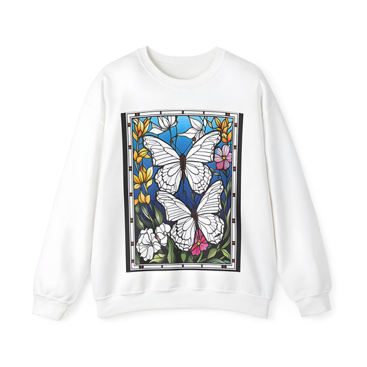 Vibrant adult sweatshirt featuring stained glass design of butterflies and flowers