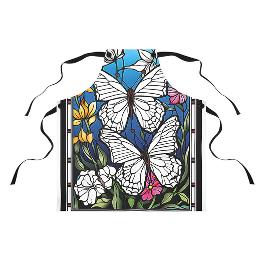 Vibrant stained glass design apron featuring colorful flowers and beautiful moth wings