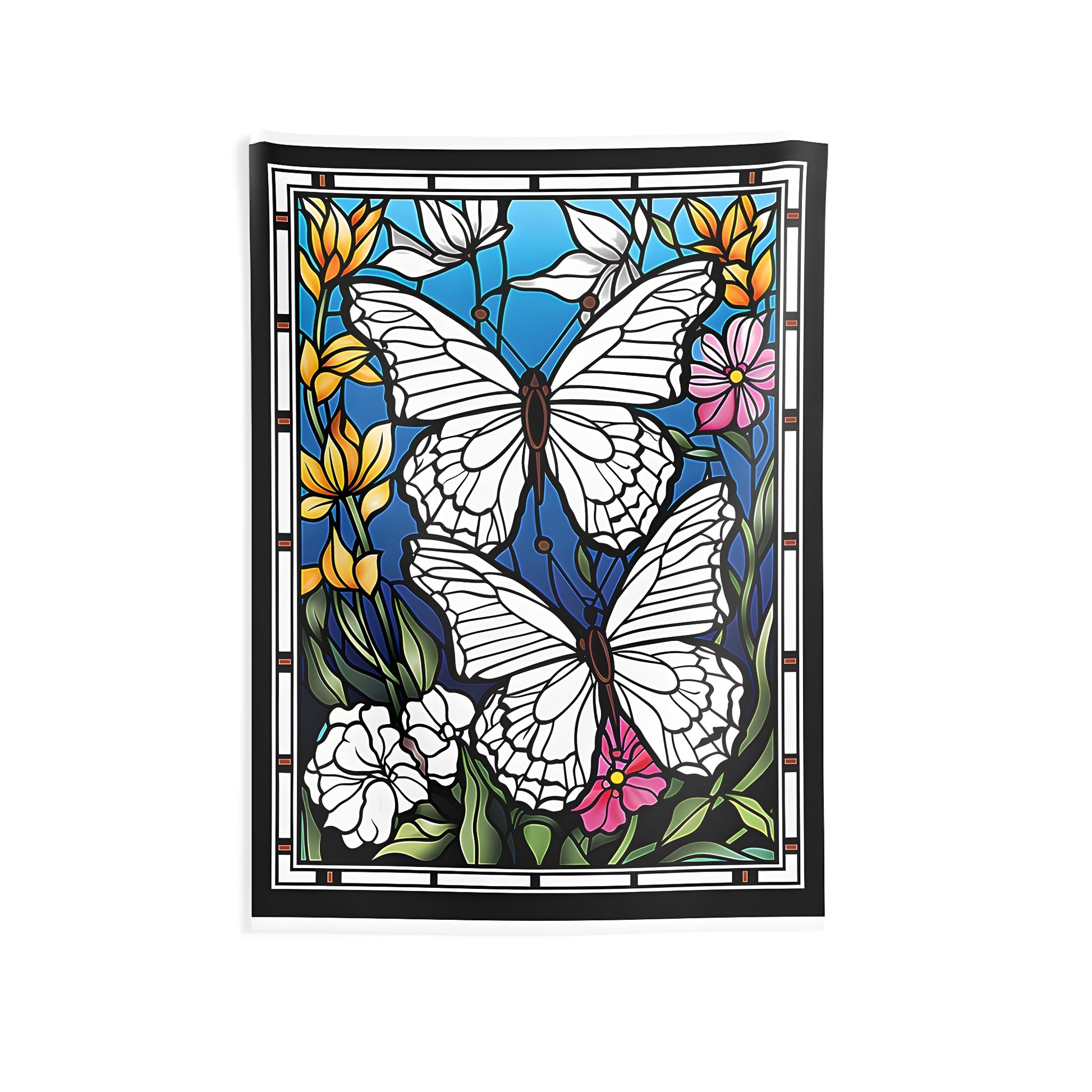 Vibrant indoor wall tapestry featuring colorful stained glass butterfly design with flowers